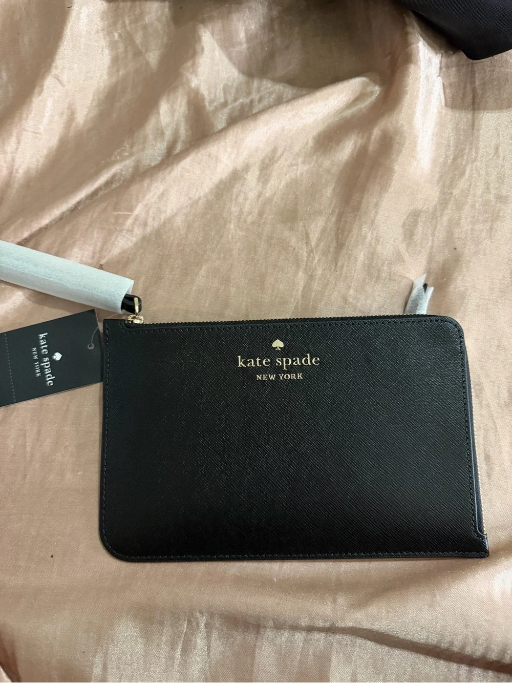 kate spade Black Leather Zip Wristlet with Gold Logo